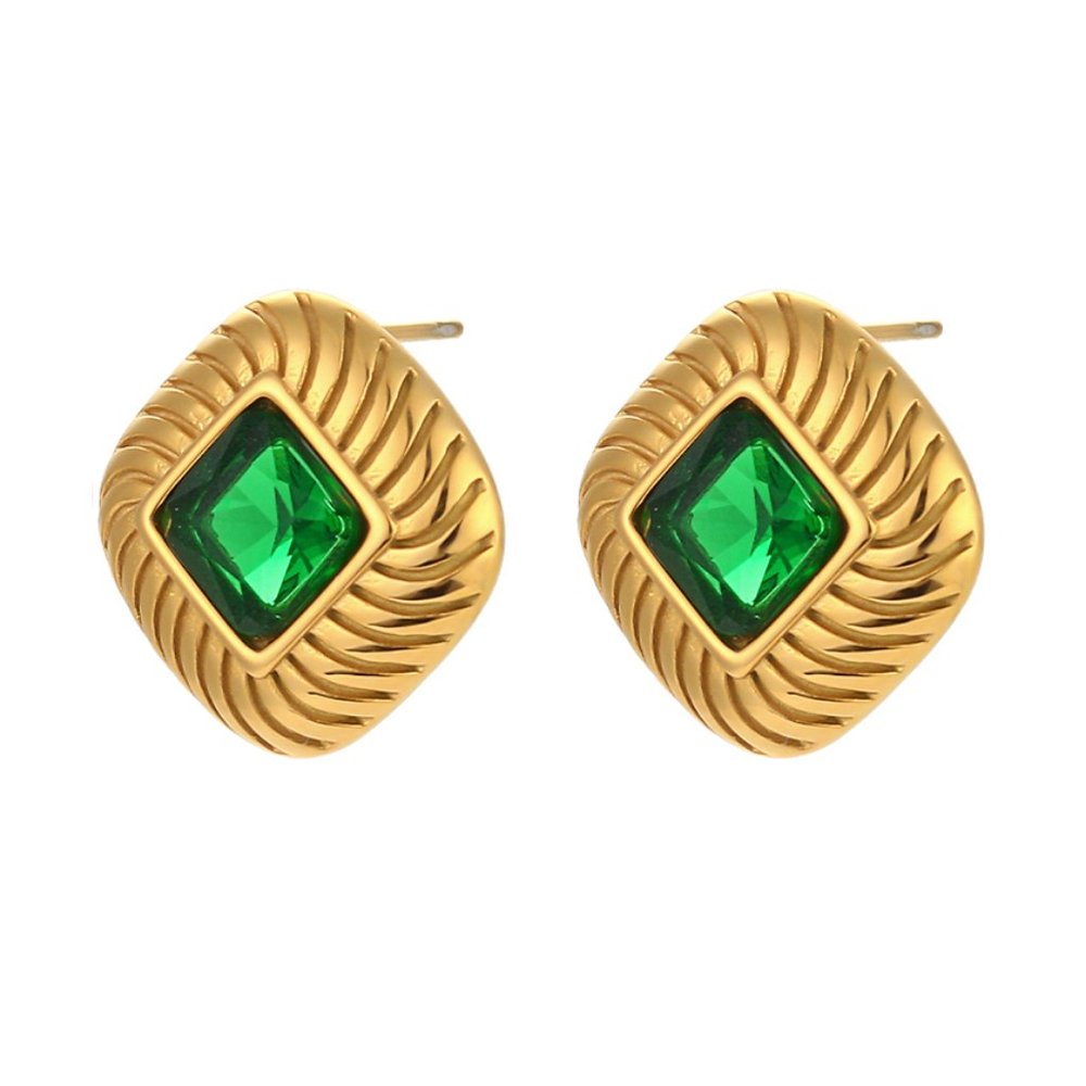 Green Zircon Vintage Textured Rhombus Gold Stud Earrings - Picture 3 of 6